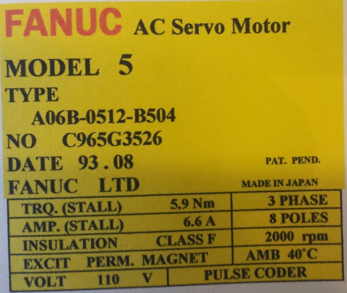FANUC SERVO MOTOR, MOD# A06B-0512-B504
