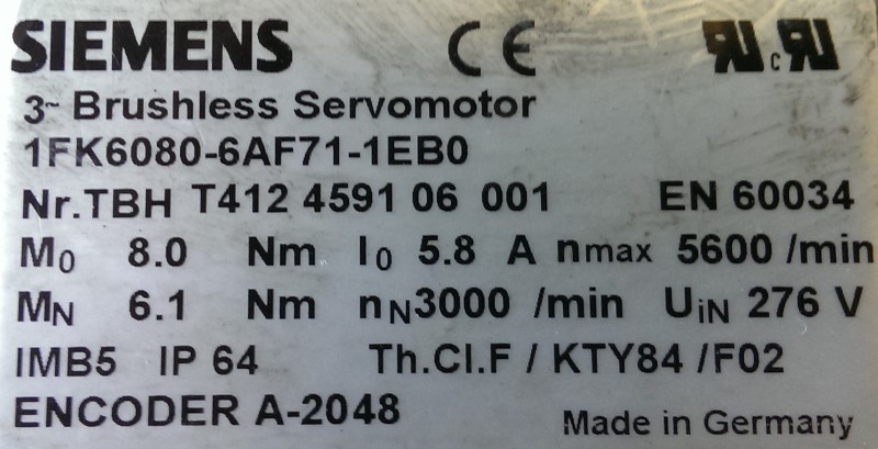 SIEMENS SERVO MOTOR, MOD# 1FK6080-6AF71-1EBO