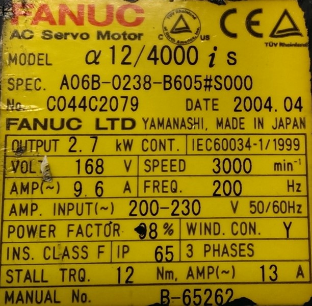 FANUC SERVO MOTOR, MOD# A06B-0238-B605#S000