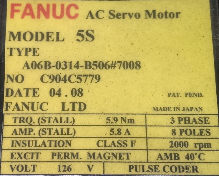 FANUC SERVO MOTOR, MOD# A06B-0314-B506#7008