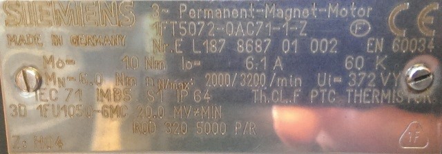 SIEMENS SERVO MOTOR, 1FT5072-0AC71-1-Z