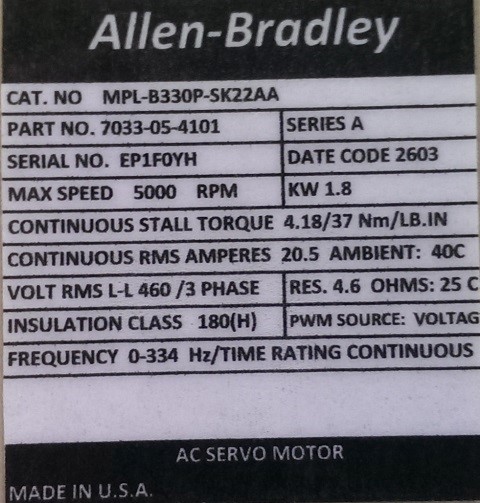 ALLEN BRADLEY SERVO MOTOR, MOD# MPL-B330P-SK22AA