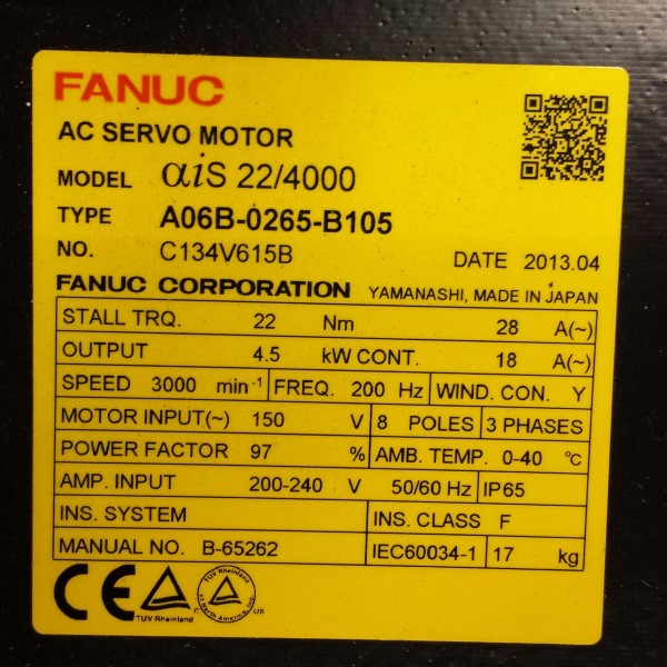 FANUC SERVO MOTOR, MOD# A06B-0265-B105 