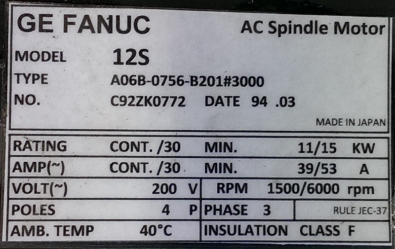 FANUC SPINDLE MOTOR, MOD# A06B-0756-B201#3000 FANUC SPINDLE MOTOR, MOD# A06B-0756-B201#3000