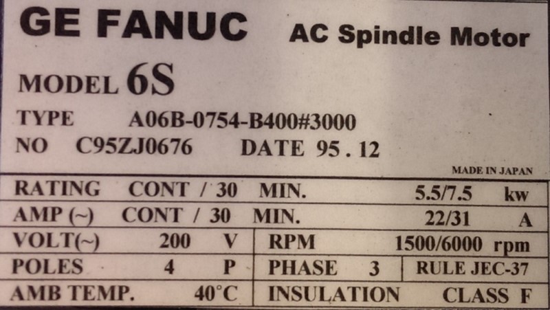 FANUC SPINDLE MOTOR, MOD# A06B-0754-B400#3000