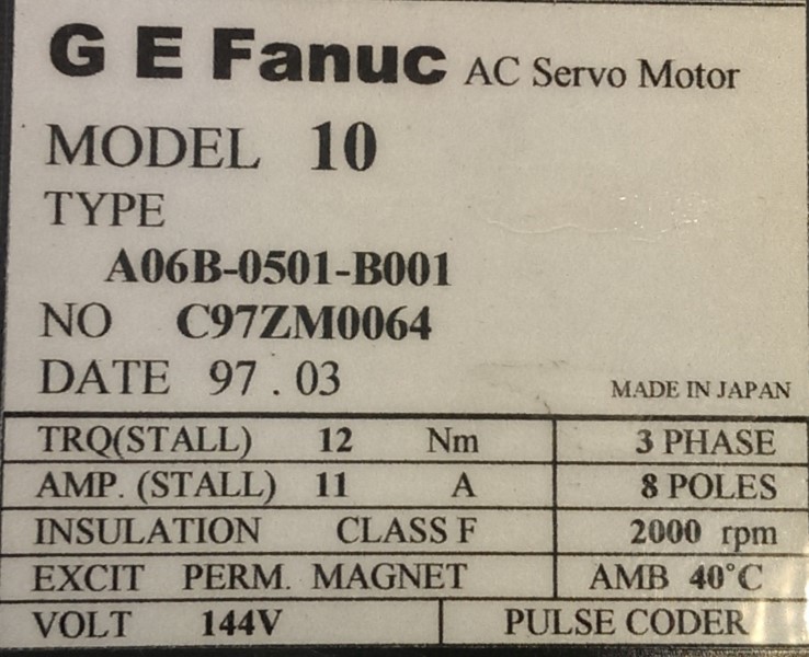 FANUC SERVO MOTOR, MOD# A06B-0501-B001