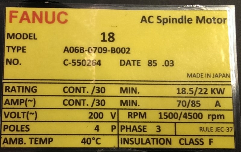 FANUC SERVO MOTOR, MOD# A06B-0709-B002