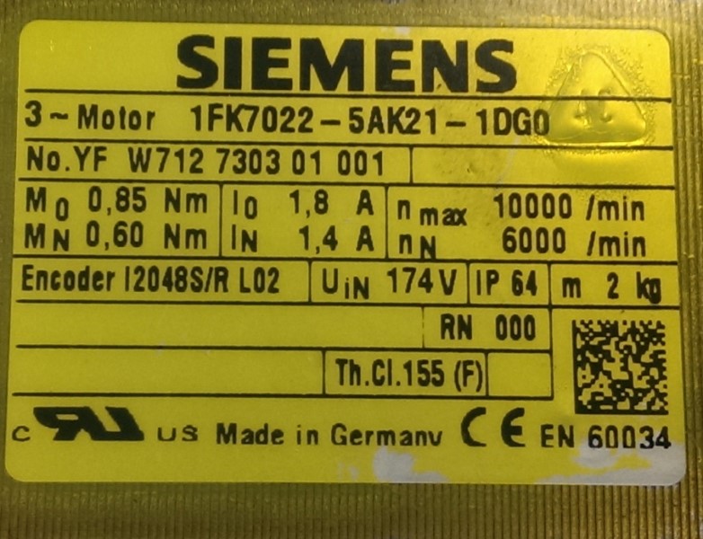 SIEMENS SERVO MOTOR, MOD# 1FK7022-5AK21-1DG0 