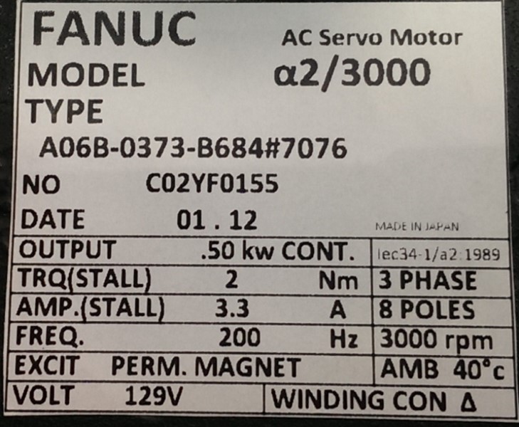 FANUC SERVO MOTOR, MOD# A06B-0373-B684#7076