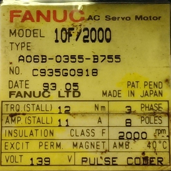 FANUC SERVO MOTOR, MOD# A06B-0355-B755