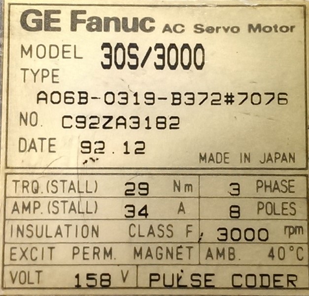 FANUC SERVO MOTOR, MOD# A06B-0319-B372#7076 