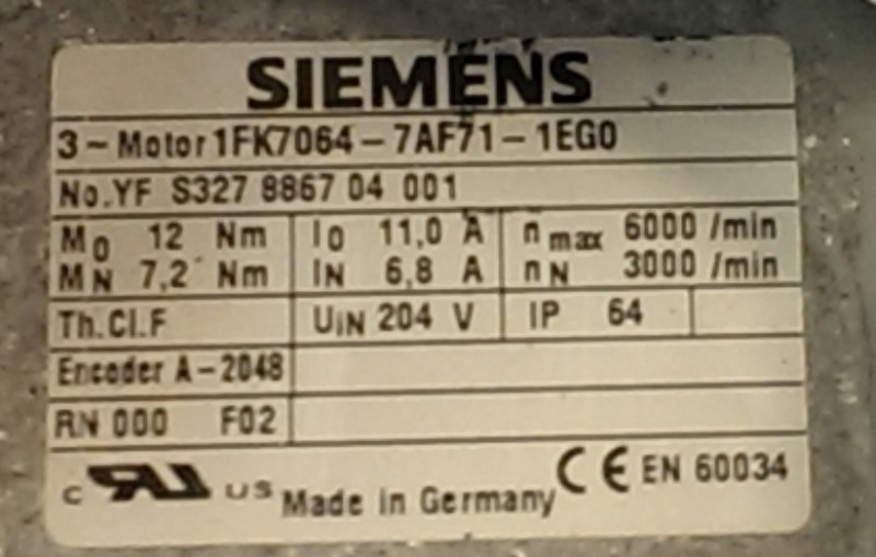 SIEMENS SERVO MOTOR, MOD# 1FK7064-7AF71-1EG0