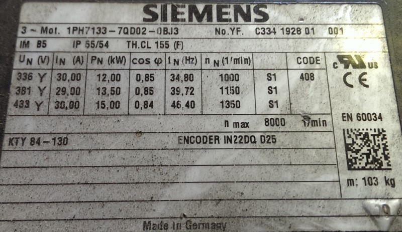 SIEMENS SERVO MOTOR, MOD# 1PH7133-7QD02-OBJ3 