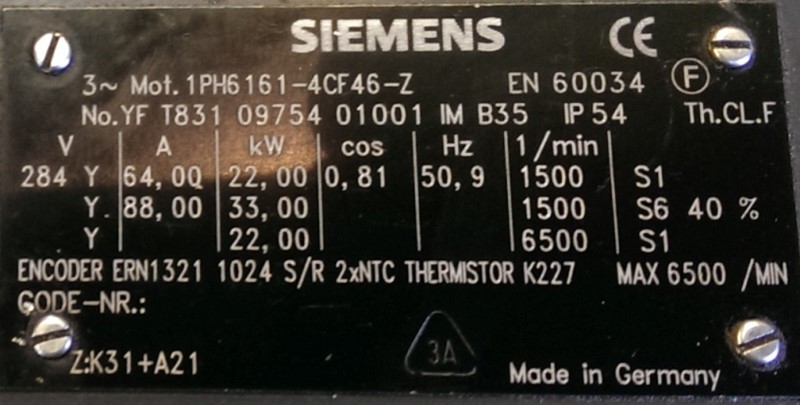 SIEMENS SPINDLE MOTOR, MOD# 1PH6161-4CF46-Z 