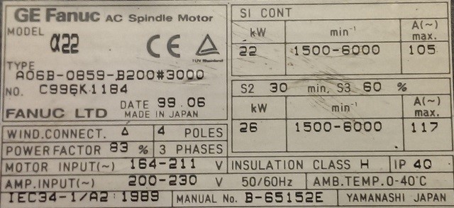 FANUC SPINDLE MOTOR, MOD# A06B-0859-B200#3000