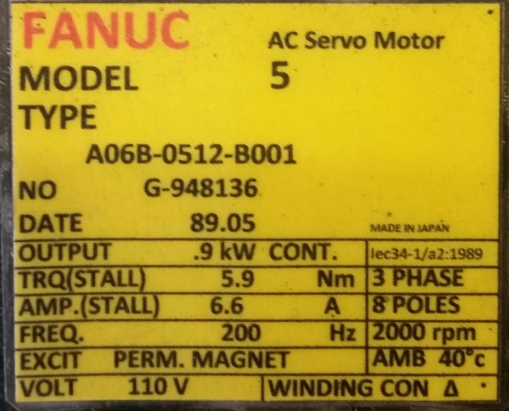 FANUC SERVO MOTOR, MOD# A06B-0512-B001 